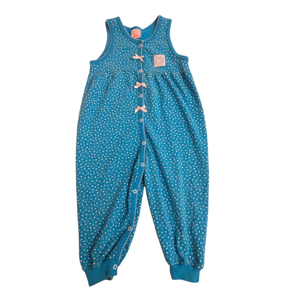 Vintage 1990s Buster Brown blue and white parachute pants romper